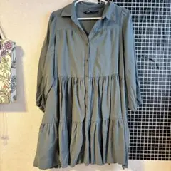 ZARA グリーン ミニフリルワンピース　シャツワンピース 長袖