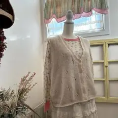 海外vintage ニットベスト　ベビーピンク✖️クリームイエロー　古着