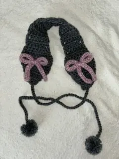 リボン付きグレーイヤーマフ ハンドメイド