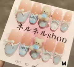 320:クマとリボンのフレンチネイルチップ☆Mサイズ