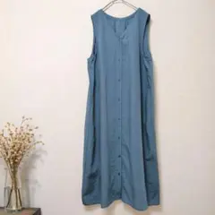 ノースリーブワンピース ロングワンピース Vネック 前ボタン ブルー L