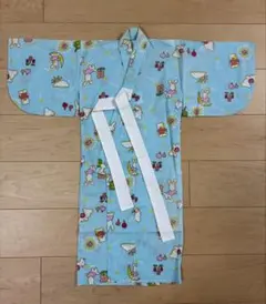 水色 うさぎ、クマプリント 浴衣 綿100% 1~2才用　身丈75cm