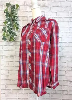 レディース　長袖チェック柄シャツ　赤　L　大きめサイズ