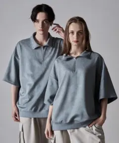 CLEL ハーフジップ デザイン 半袖プルオーバーTシャツ グレイッシュブルー