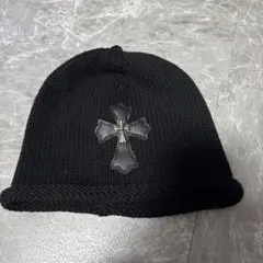 CHROME HEARTS クロスレザーパッチ ニット帽 ビーニー ブラック