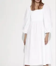 ZARA■シャーリング パフスリーブ フレアロングワンピース■白Ｍ