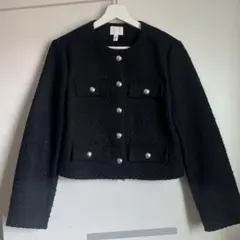H&M ノーカラー　ブラック　ジャケット ツイード Sサイズ