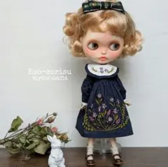 ブライス　アウトフィット　刺繍　ネイビー　ワンピース　ヘアアクセ　ハンドメイド