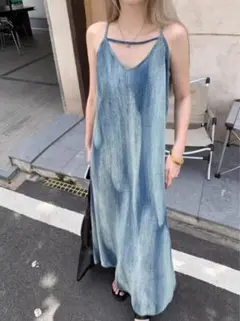 ワンピース ノースリーブ お洒落 デニム柄 可愛い マキシ丈 リゾート