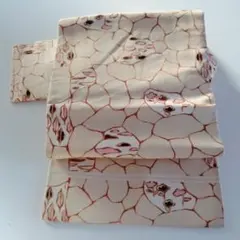 【ヴィンテージ】名古屋帯 レトロ個性的な柄　薄桃色　ベージュ　金　仕付け糸有