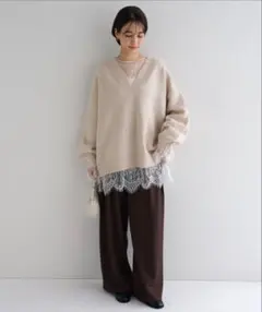 オーバーサイズVネック長袖ニットトップス