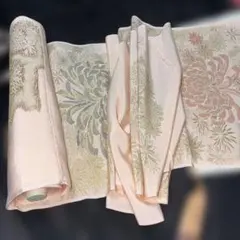 着物反物、新品、上質、豪華総刺繍、正絹、花柄 帯淡ピンク 緑、京都雅染元ブランド