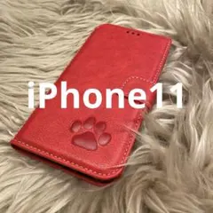 iPhone11 手帳型スマホケース　レザー　赤　肉球　犬　猫　足あと　シンプル