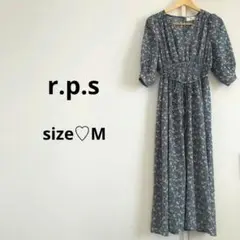 【r.p.s】 ウエストシャーリング7分袖カシュクールワンピース ブルー 花柄