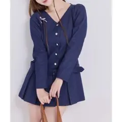 【ナイスクラップ】【未使用品】プリーツジャケット　ワンピース　ネイビー　長袖　秋