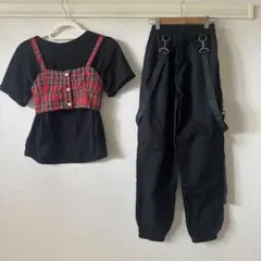 ダンス衣装 黒Tシャツ＆赤チェックキャミソール ＆パンツ 3点セット
