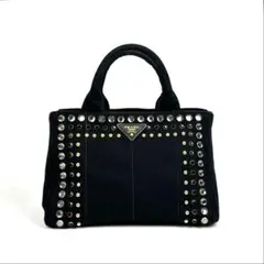 【美品】プラダ　カナパ　ハンドバッグ　ビジュー　三角ロゴ　ゴールド金具　ブラック