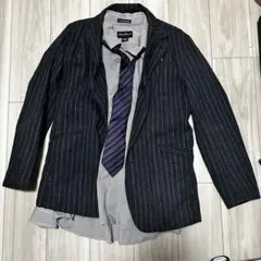 【Lサイズ】ストライプ テーラードジャケット 黒 グレー メンズ シンプル