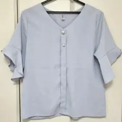 【にゃんこ様専用】ライトブルー 5分袖 パール ブラウス