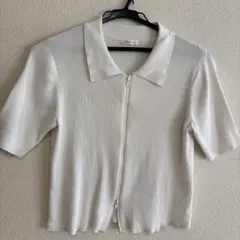COLZA 白いリブ編み半袖Tシャツ（ジッパー付き）サイズM