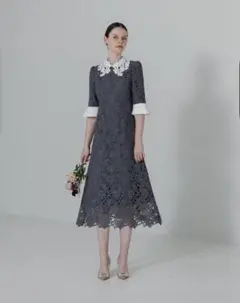 leja 花柄レースカラースパンコール刺繍Aラインフレアドレスワンピース M