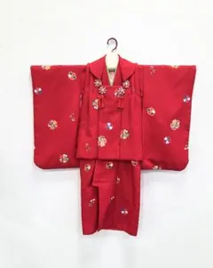 七五三　３歳　被布　着物　女児　100cm　赤昭和レトロ　古典柄
