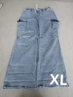 デニムカーゴパンツ 薄いブルー サイドポケット付き XL