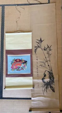 墨絵　掛け軸　骨董 掛け軸 2本セット 水墨画 竹図 美術品 骨董品 掛軸 絹本 箱無 ジャンク