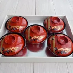 【新品】蓋付き漆器お椀5客セット・高級洗朱古代型 吸椀竹