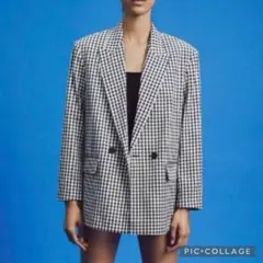 【美品】ZARA ギンガムチェックジャケット ダブルブレスト 羽織り 白黒 M
