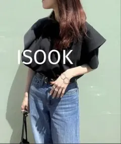 ISOOK アイスー　ラッフルショルダー　ワッフルT ブラックのサムネイル