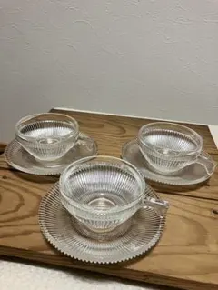 昭和レトロ　リブデザイン ガラス製カップ&ソーサー3個セット　ビンテージ