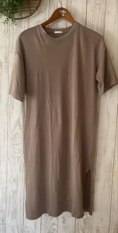 GUベージュ コットン100%半袖ロングシャツワンピース