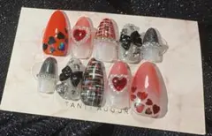 量産型 地雷系 ネイルチップ ハート リボン 赤 黒 ガーリー 韓国