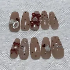 現品サイズ/ネイルチップ/ベージュ/リボン/ハート/レース