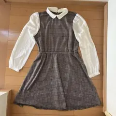 チェック柄　重ね着風　膝丈ワンピース　千鳥格子　M