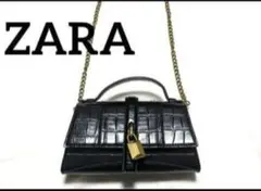 ZARA ショルダー バッグ　チェーン　カデナ　クロコ　エナメル　黒　2way
