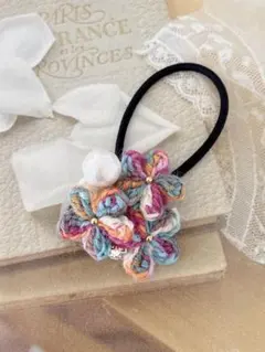 ハンドメイド♡マーブル毛糸で編んだ　ワンポイントに…ヘアゴム