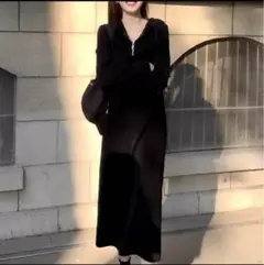 ロングワンピース　レディース　空港コーデ　ジャージ　黒　ブラック　XL