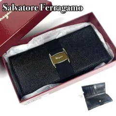 【極美品】フェラガモ　長財布　ヴァラリボン　レザー　ゴールド金具　ネイビー系のサムネイル