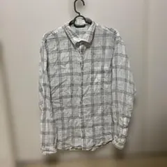 GU ジーユー リネン 長袖シャツ Ｍ　ホワイト グレー チェック　白