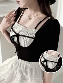 SHEIN ドット柄切り替えリブ半袖トップス