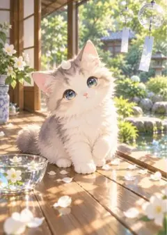 【イラスト】縁側と子猫 アートポスター