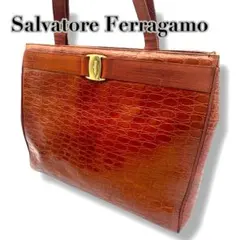 フェラガモ　ヴァラ　総柄　ブラウン　クロコ型押し　リボン　レザー　トートバッグ