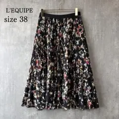 レキップL'EQUIPE 花柄プリーツロングスカート　黒　ブラック　38のサムネイル