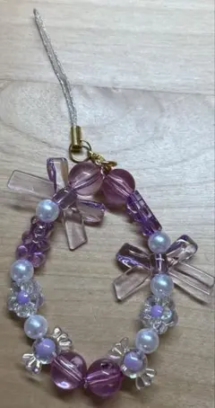 【ハンドメイド】パープルフラワーのビーズストラップ｜大人可愛い輝きアクセサリー
