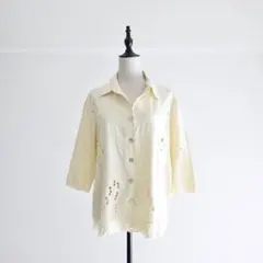 90s OLD リネンレーヨン　刺繍シャツ　花柄　ライトベージュ　オールド古着