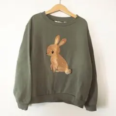 【H&M 子供用サイズ130-140】ウサギ刺繍トレーナー モスグリーン