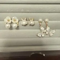 デザイン　天然淡水パールピアス　3点セット 花・ウサギ・蝶
