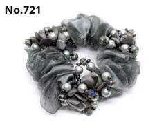 ハンドメイド お花 シュシュ ヘアゴム フラワー ビーズ グレー721